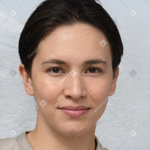 Joyful white young-adult female with short  brown hair and brown eyes