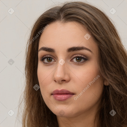 Neutral white young-adult female with long  brown hair and brown eyes