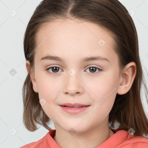 Joyful white child female with medium  brown hair and brown eyes