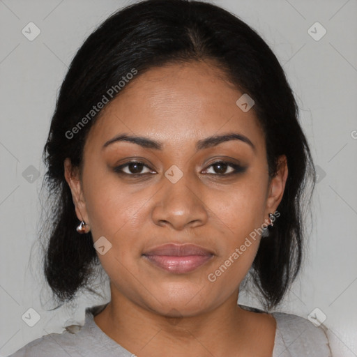 Joyful asian young-adult female with medium  black hair and brown eyes