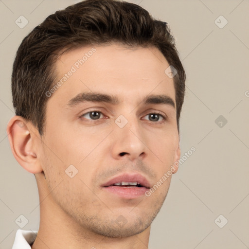 Neutral white young-adult male with short  brown hair and brown eyes