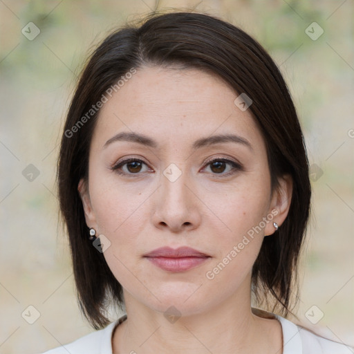 Neutral white young-adult female with medium  brown hair and brown eyes