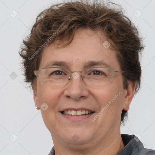 Joyful white middle-aged female with short  brown hair and brown eyes