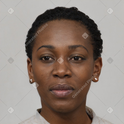 Neutral black young-adult female with short  black hair and brown eyes