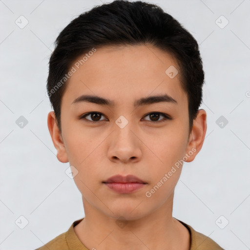 Neutral asian young-adult female with short  black hair and brown eyes