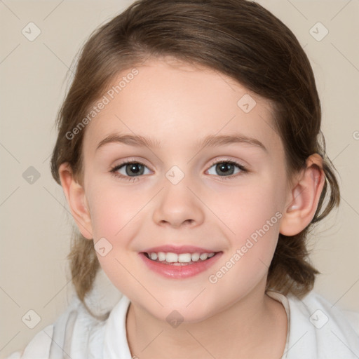 Joyful white child female with medium  brown hair and brown eyes