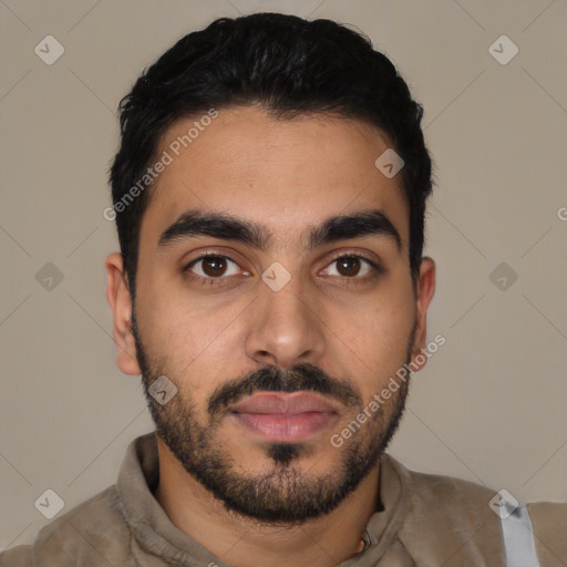 Neutral latino young-adult male with short  black hair and brown eyes