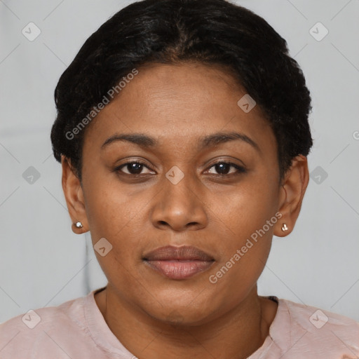 Joyful latino young-adult female with short  brown hair and brown eyes