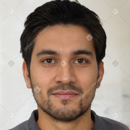 Neutral latino young-adult male with short  black hair and brown eyes