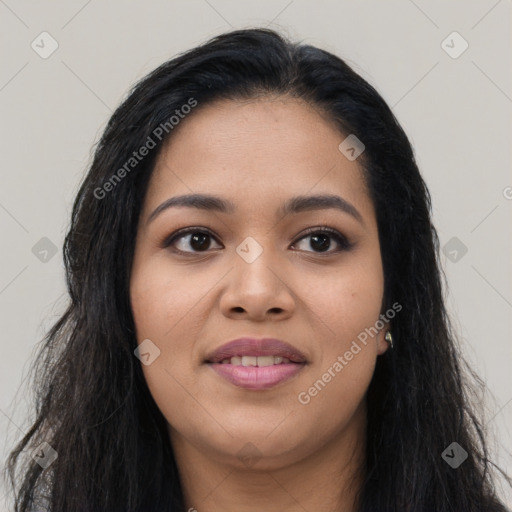 Joyful asian young-adult female with long  black hair and brown eyes