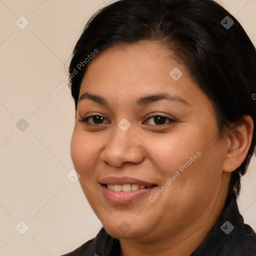 Joyful white young-adult female with medium  brown hair and brown eyes