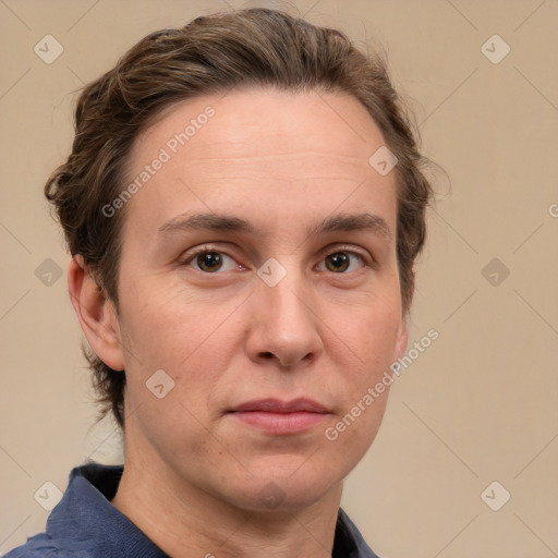 Neutral white adult male with short  brown hair and grey eyes