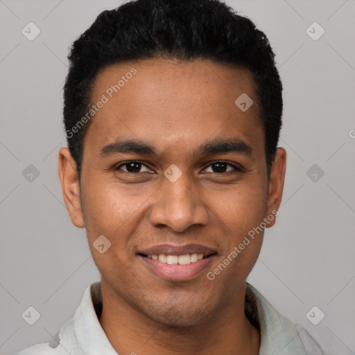 Joyful latino young-adult male with short  black hair and brown eyes