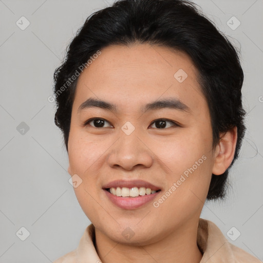 Joyful asian young-adult female with medium  brown hair and brown eyes