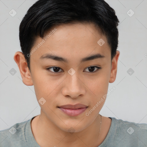 Joyful asian young-adult female with short  brown hair and brown eyes