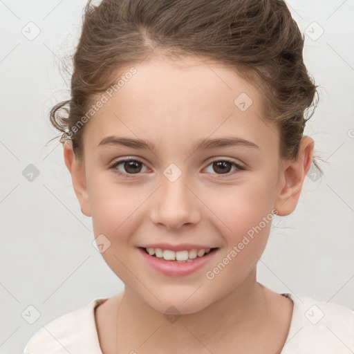 Joyful white child female with short  brown hair and brown eyes