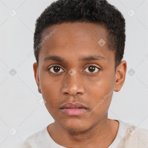 Neutral black young-adult male with short  black hair and brown eyes