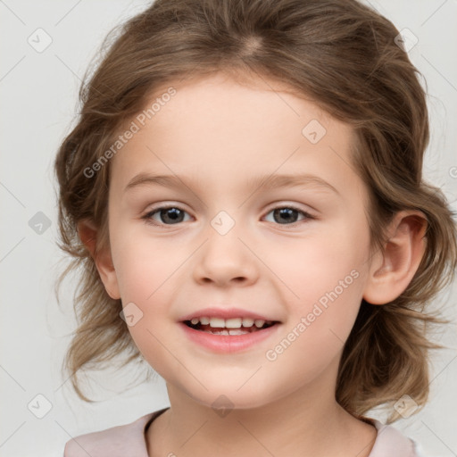 Joyful white child female with medium  brown hair and brown eyes