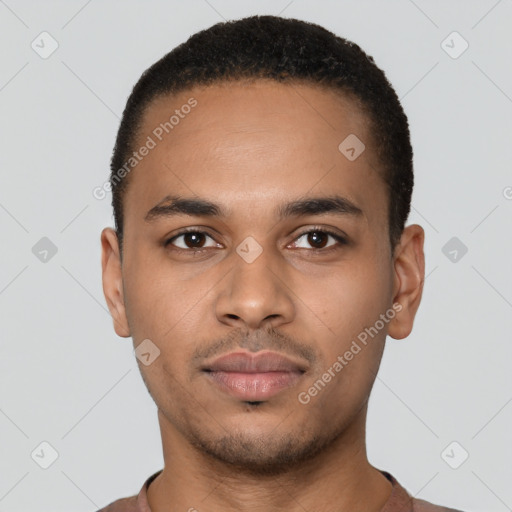 Neutral latino young-adult male with short  black hair and brown eyes