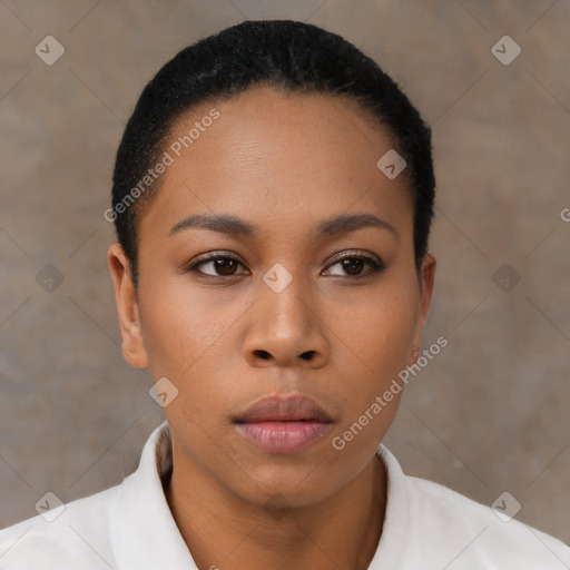 Neutral asian young-adult female with short  black hair and brown eyes