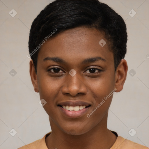 Joyful latino young-adult female with short  black hair and brown eyes