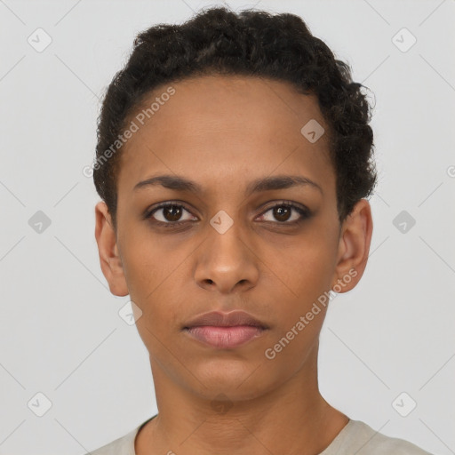 Neutral black young-adult female with short  brown hair and brown eyes