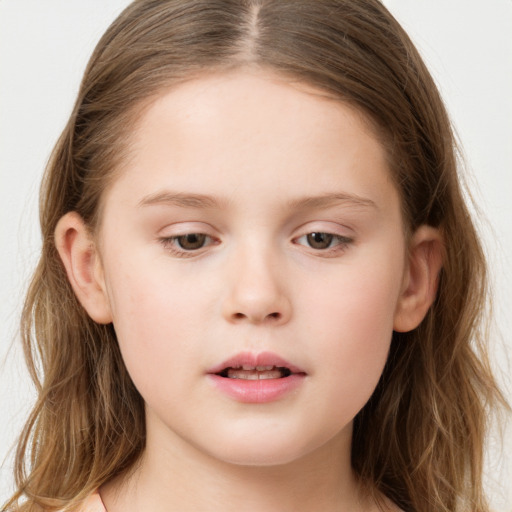 Neutral white child female with long  brown hair and brown eyes