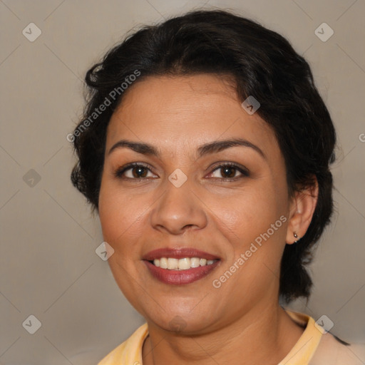 Joyful latino young-adult female with medium  brown hair and brown eyes