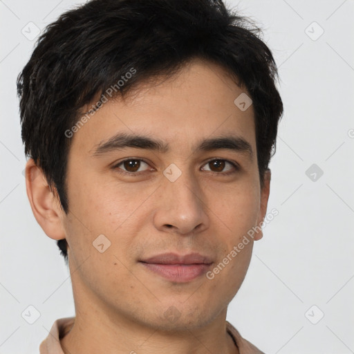 Joyful asian young-adult male with short  brown hair and brown eyes