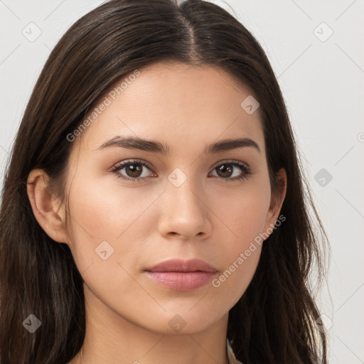 Neutral white young-adult female with long  brown hair and brown eyes