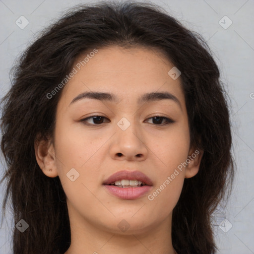 Joyful asian young-adult female with long  brown hair and brown eyes