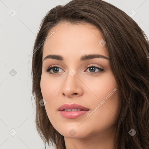 Neutral white young-adult female with long  brown hair and brown eyes