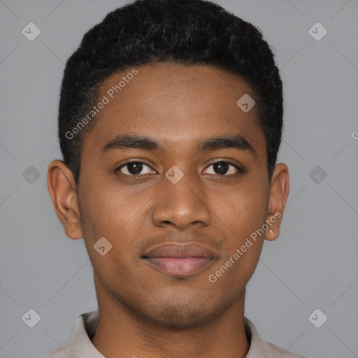 Joyful black young-adult male with short  brown hair and brown eyes