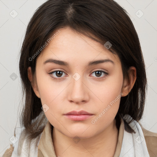 Neutral white young-adult female with medium  brown hair and brown eyes