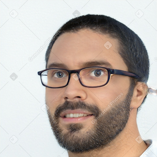 Neutral white young-adult male with short  black hair and brown eyes