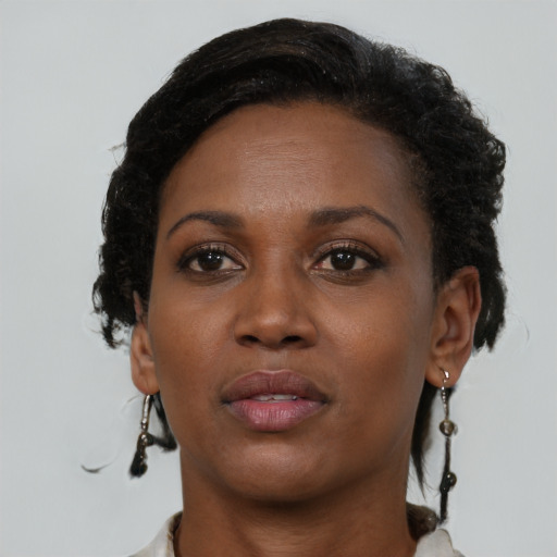 Neutral black young-adult female with short  brown hair and brown eyes