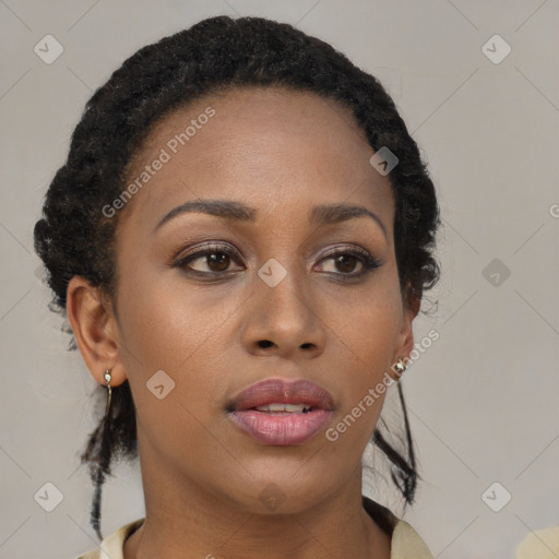 Neutral black young-adult female with medium  brown hair and brown eyes