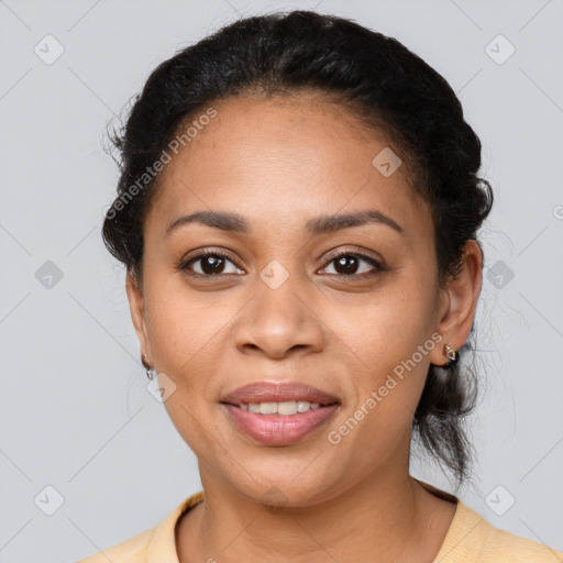 Joyful latino young-adult female with short  brown hair and brown eyes