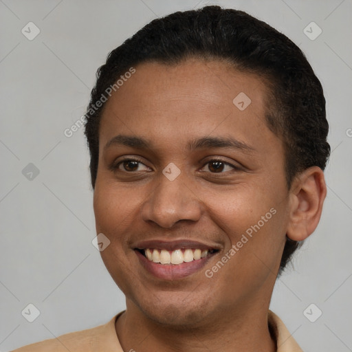 Joyful latino young-adult female with short  brown hair and brown eyes