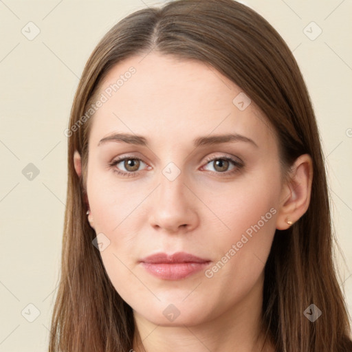 Neutral white young-adult female with long  brown hair and grey eyes