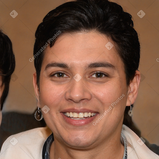 Joyful white young-adult male with medium  brown hair and brown eyes