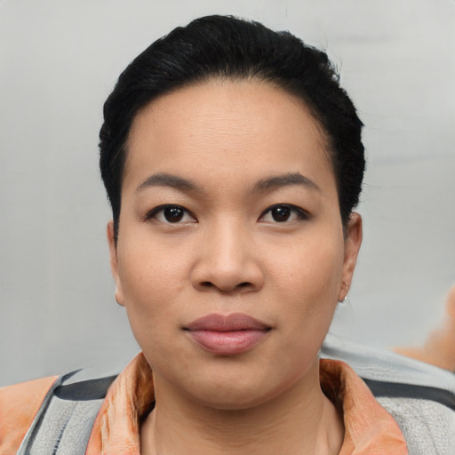 Joyful asian young-adult female with short  black hair and brown eyes