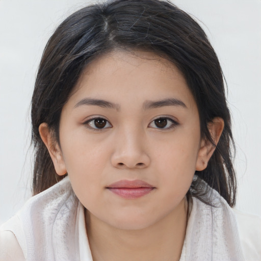 Neutral asian young-adult female with medium  brown hair and brown eyes