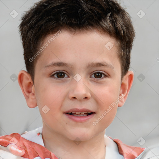 Joyful white child male with short  brown hair and brown eyes