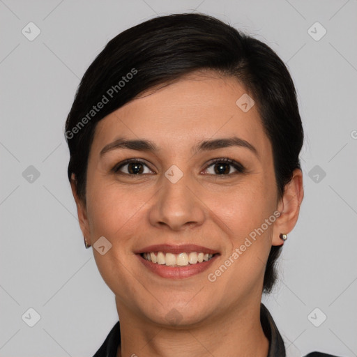 Joyful white young-adult female with short  brown hair and brown eyes