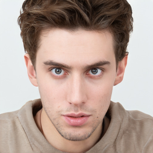 Neutral white young-adult male with short  brown hair and grey eyes