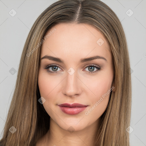 Neutral white young-adult female with long  brown hair and brown eyes