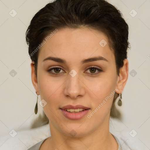 Joyful white young-adult female with short  brown hair and brown eyes