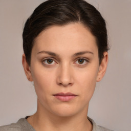 Neutral white young-adult female with short  brown hair and brown eyes