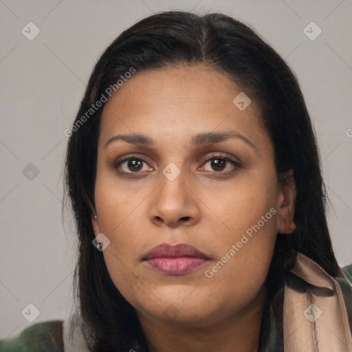 Neutral latino young-adult female with long  brown hair and brown eyes